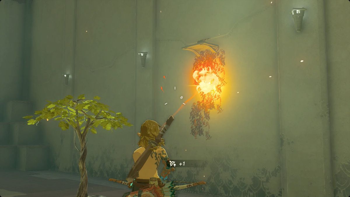 The Legend of Zelda: Tears of the Kingdom Länka med en eldfrukt Fused till en pil för att tända vinstockar i brand i Nouda Shrine.