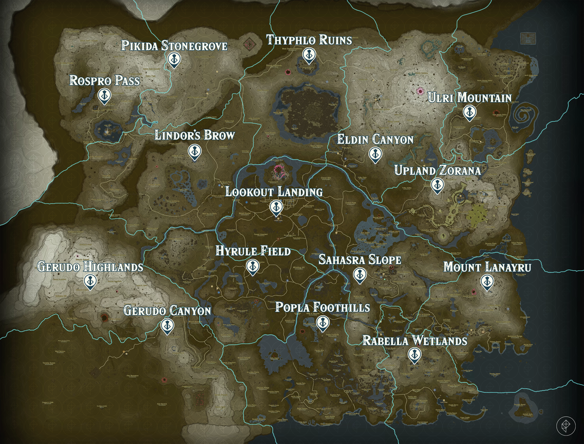 The Legend of Zelda: Tears of the Kingdom map with every Skyview Tower location marked.