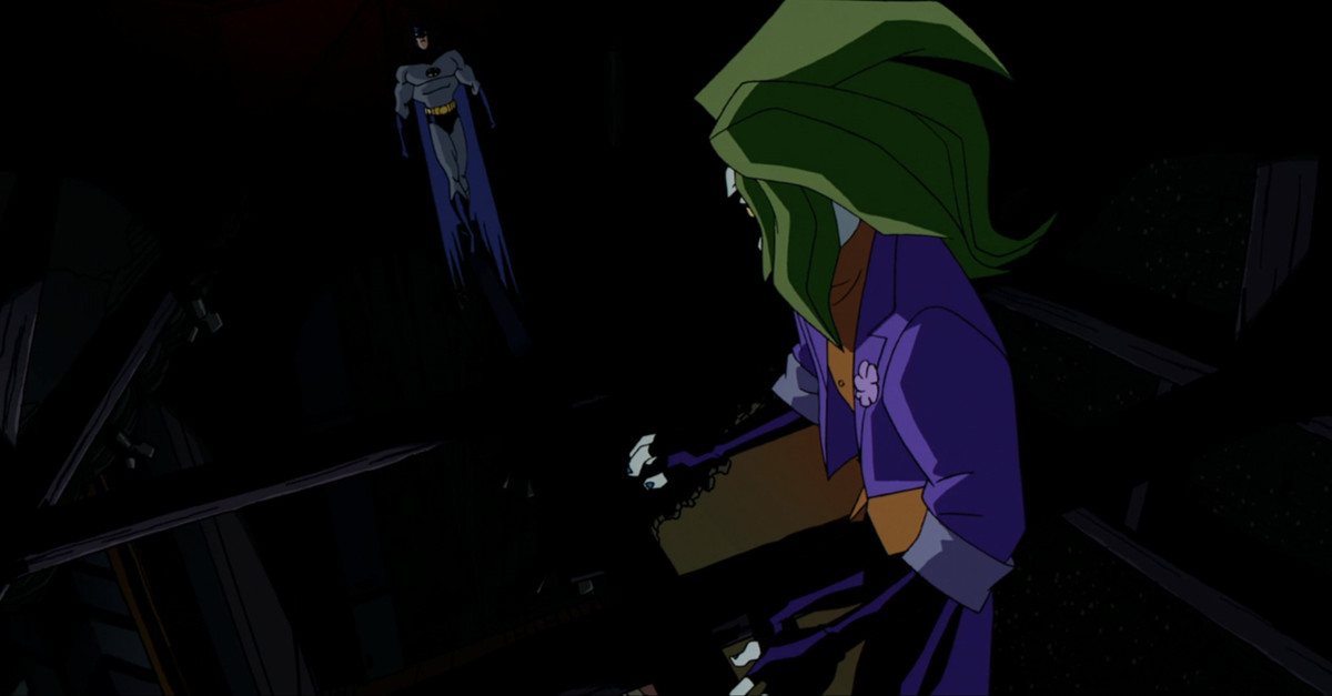 Batman går längs en stråle till Jokern (i förgrunden) som står i en anime huka och väntar