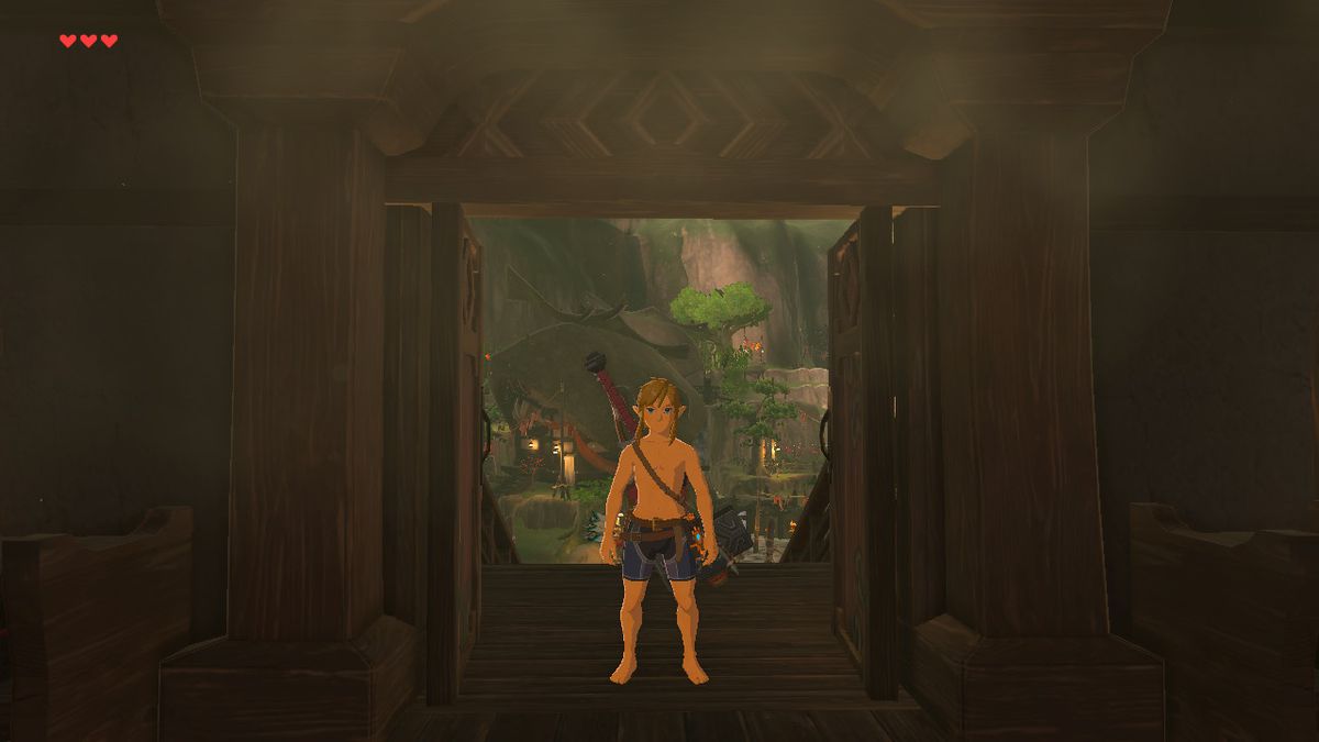 Link står i en dörröppning endast klädd i sina underkläder, som han sov i i 100 år innan händelserna i Breath of the Wild