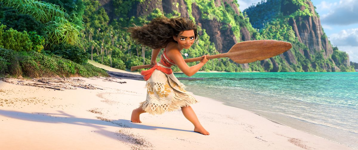 Moana from the Disney animated movie Moana stands on a beautiful tropical white-sand beach, wielding an oar like a weapon, and staring into the camera with a smug, determined smirk