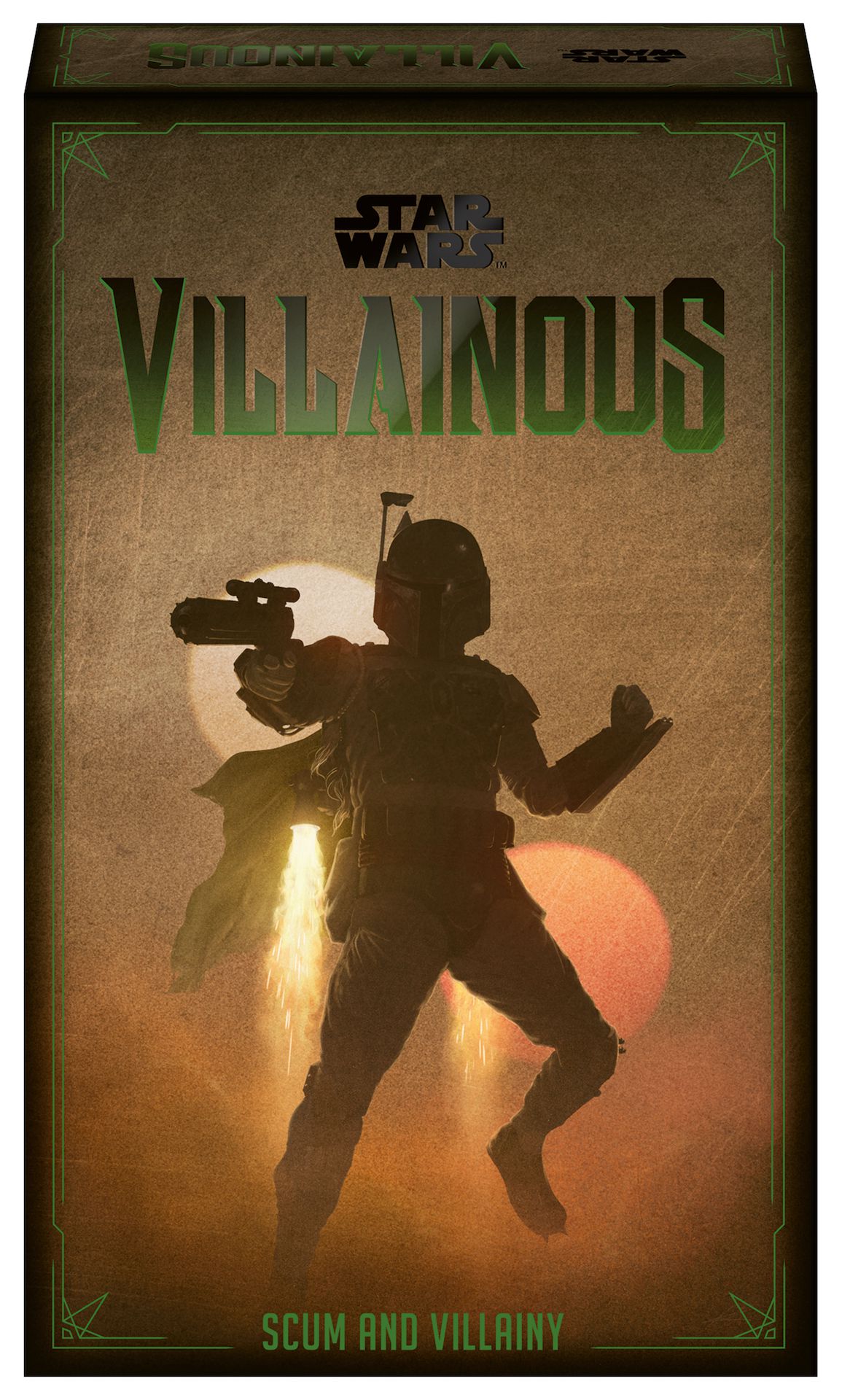 En siluett av Boba Fett under flygning, som pekar på sin laserkarbin, från en tidig rendering av Star Wars Villainous: Scum and Villainy-lådan.  Texten är grön, och Tatooines tvillingsolar utgör bakgrunden.