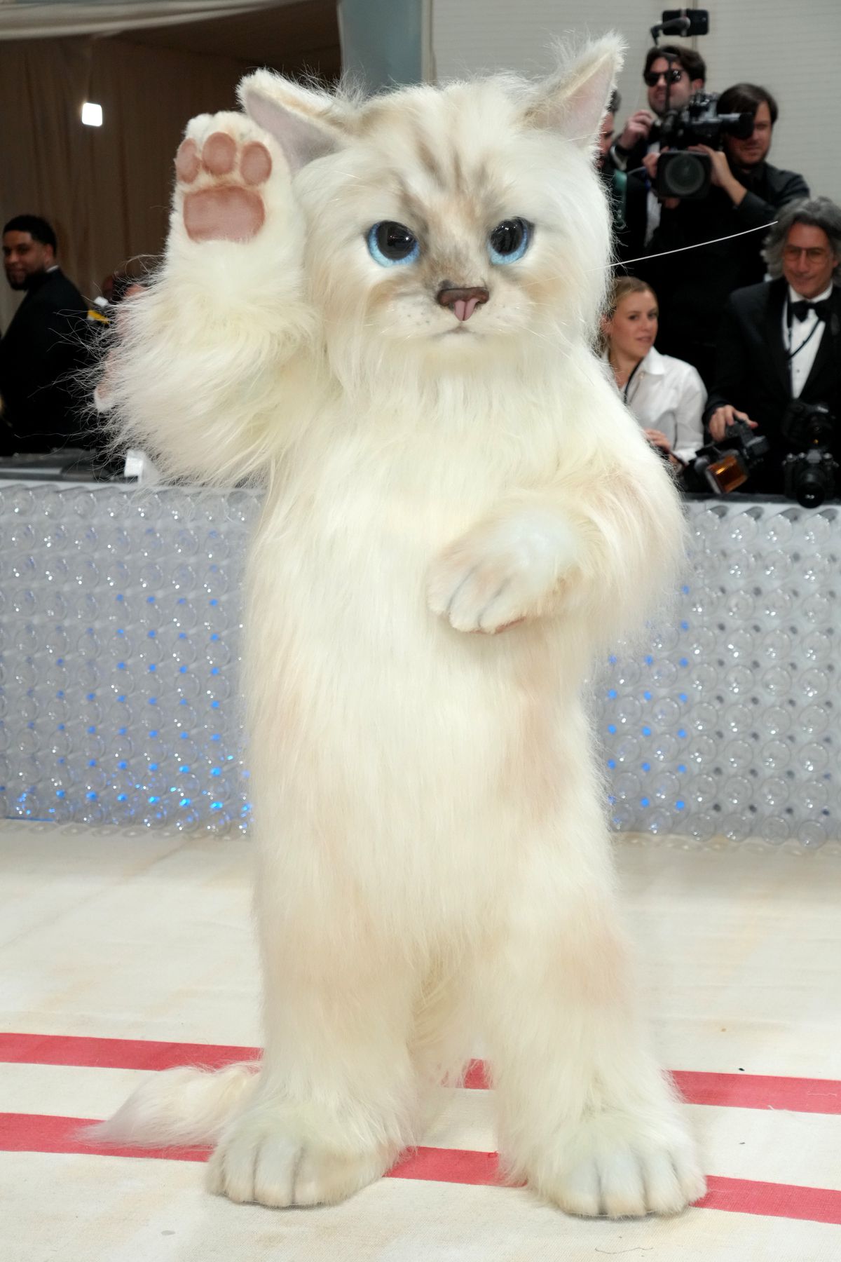 En full fursuit av en katt på Met Gala 2023 som firar 