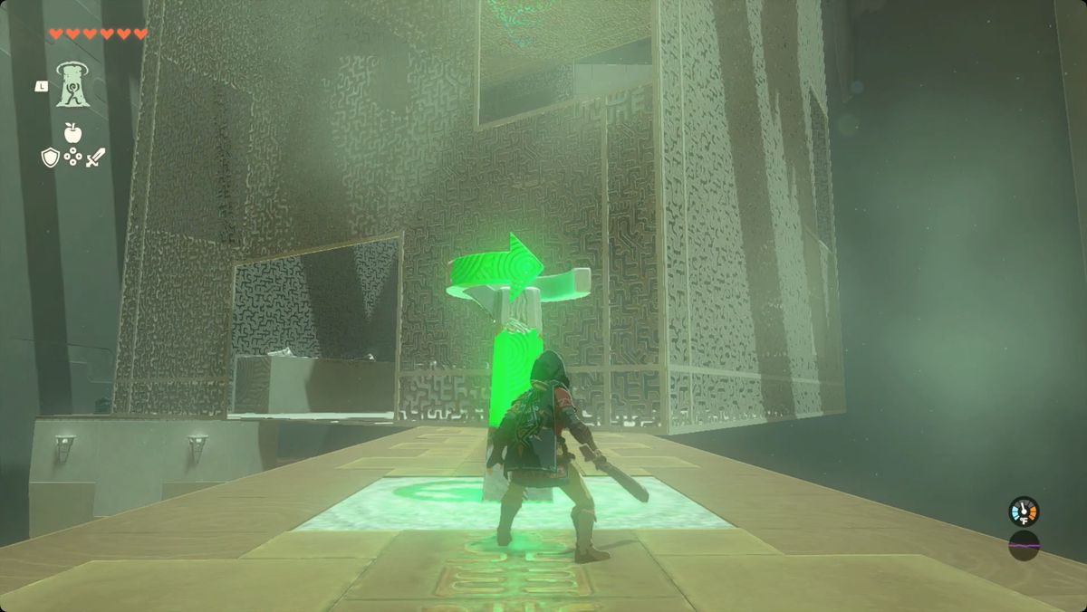 The Legend of Zelda: Tears of the Kingdom Länka med en kristall för att rotera en gigantisk bur i Domizuin Shrine.