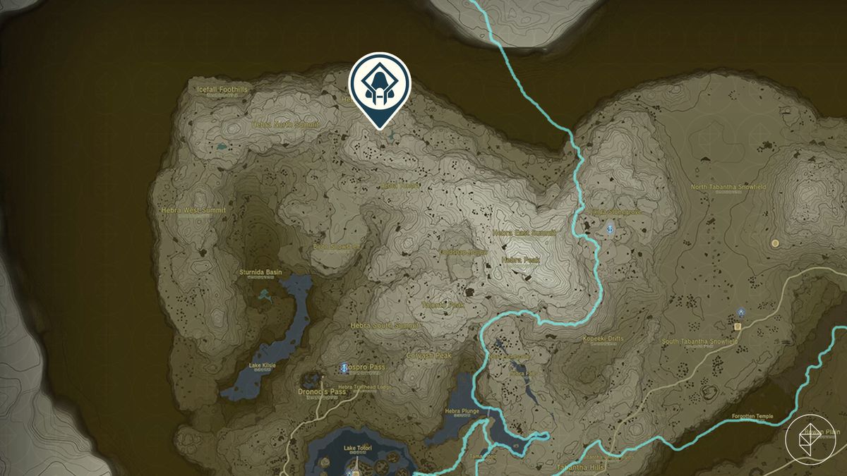 En karta visar Hyrule in Tears of the Kingdom och pekar ut platsen för Eutoum Shrine i norra Hebra-regionen.