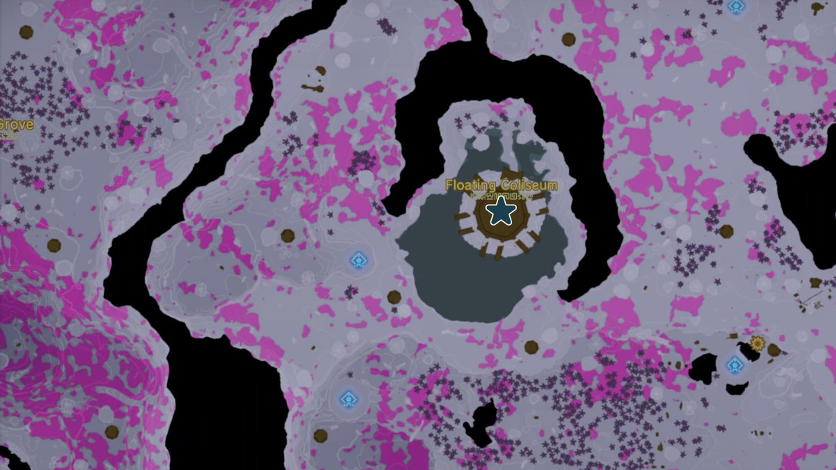 Majora’s Mask location marked on the map of the Depths. It can be found in the Floating Coliseum in The Legend of Zelda: Tears of the Kingdom.