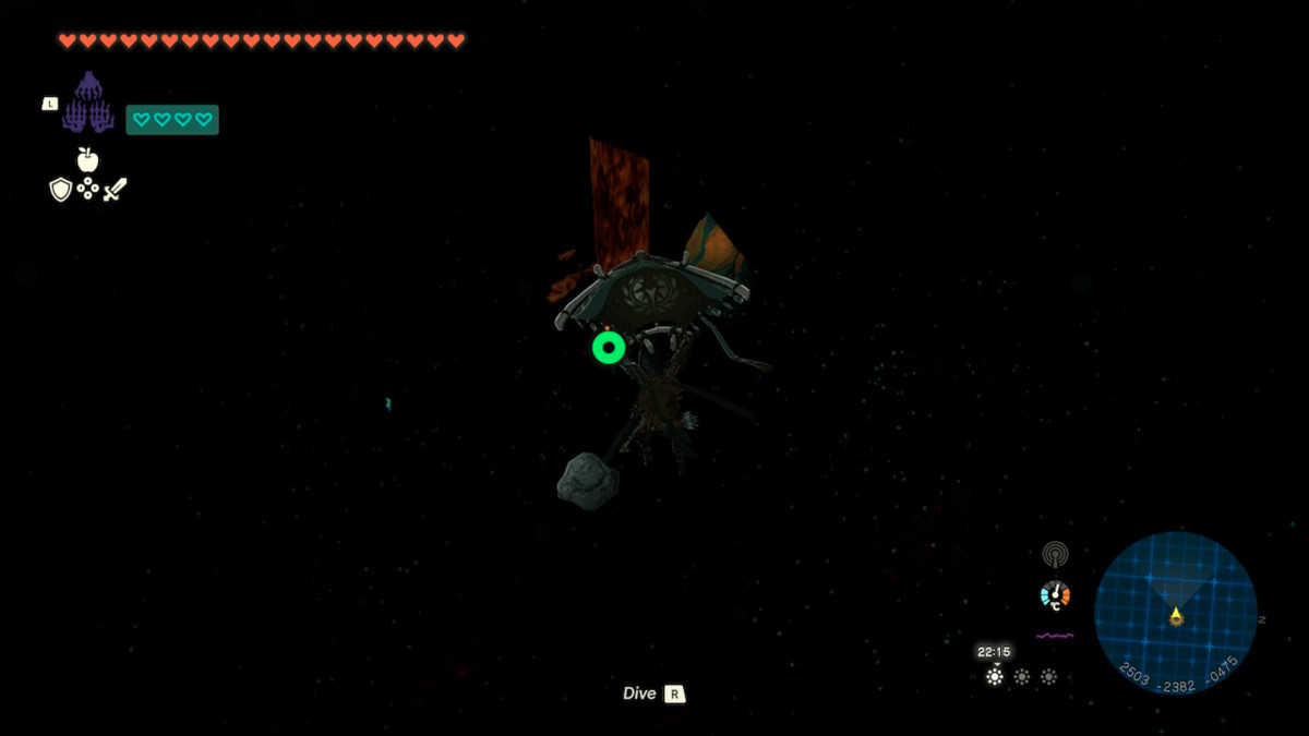 Link glides toward a lightroot in the Depths while looking for the Wind Armor location in Zelda Tears of the Kingdom.