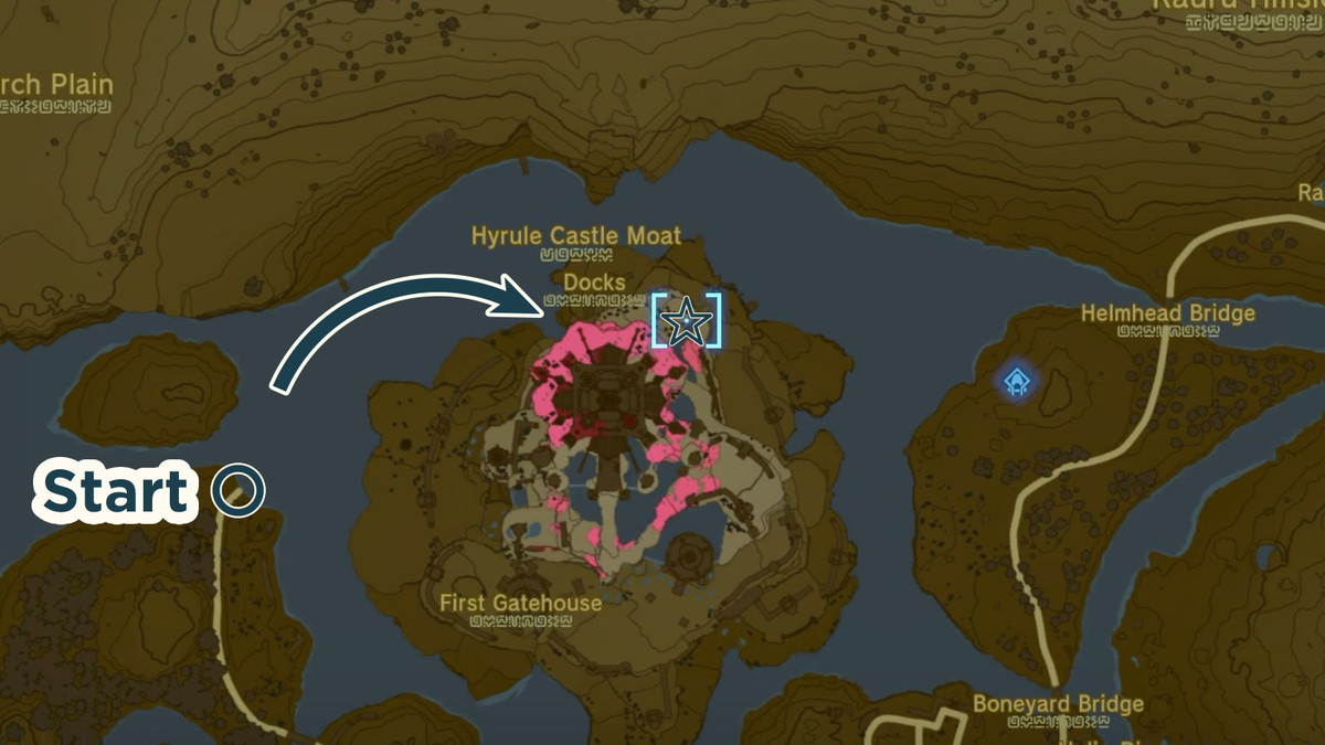 Hylian-sköldens läge på kartan över The Legend of Zelda: Tears of the Kingdom