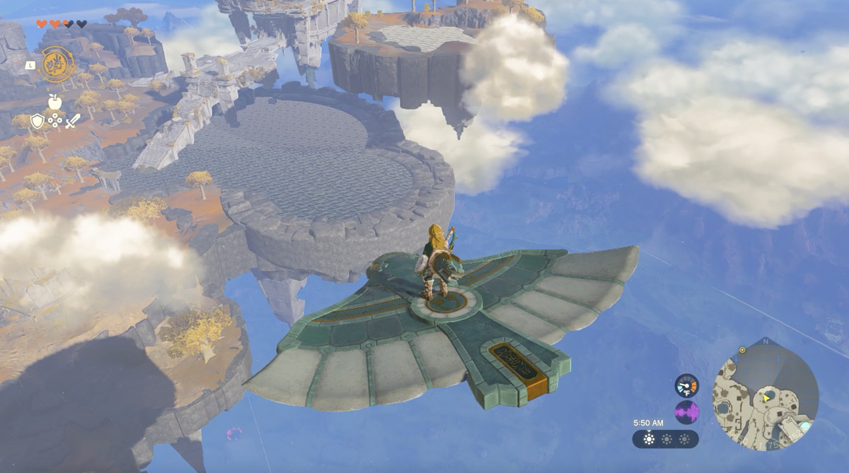 Link åker på en vinge för att glida till Temple of Time på Great Sky Island i Zelda Tears of the Kingdom.