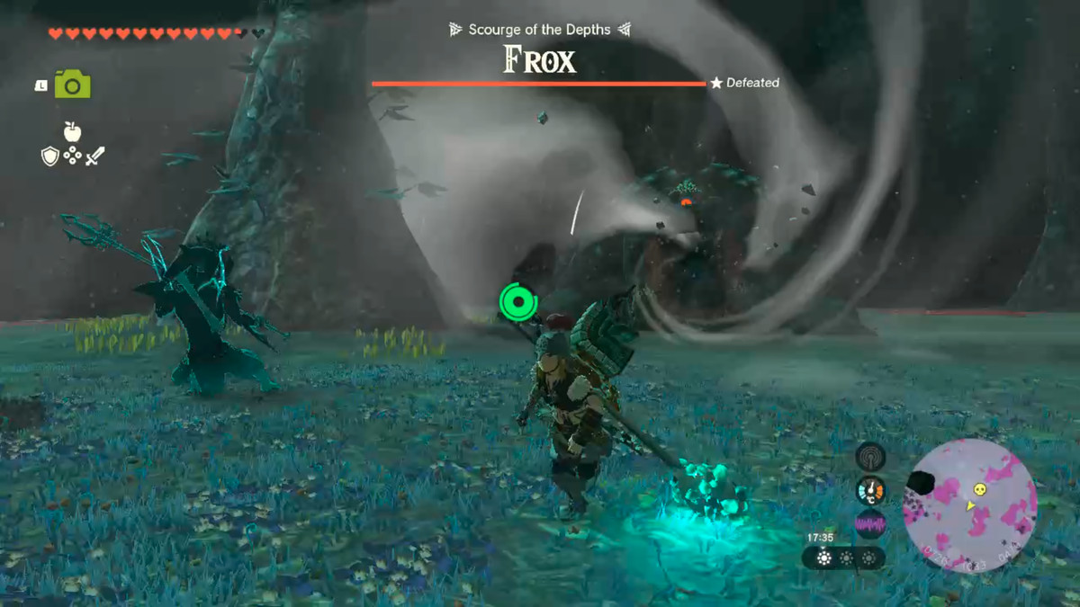 Link flyr från Kirby-attacken från Frox i Zelda Tears of the Kingdom.