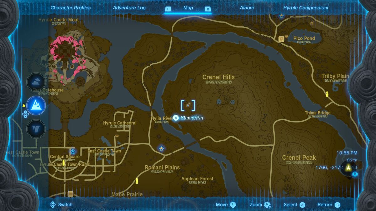 En skärmdump av kartplatsen för Crenel Hills-grottan i Zelda: Tears of the Kingdom