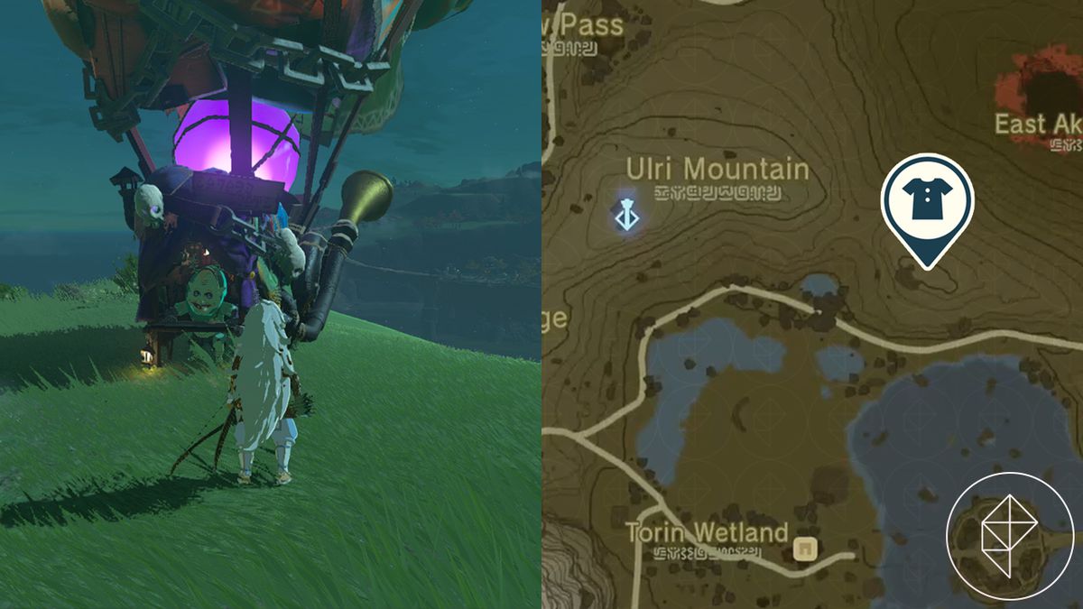 En karta visar var Koltins stall är nära Ulri Mountain Skyview Tower, med Link klädd i Mystic-outfiten i Tears of the Kingdom.