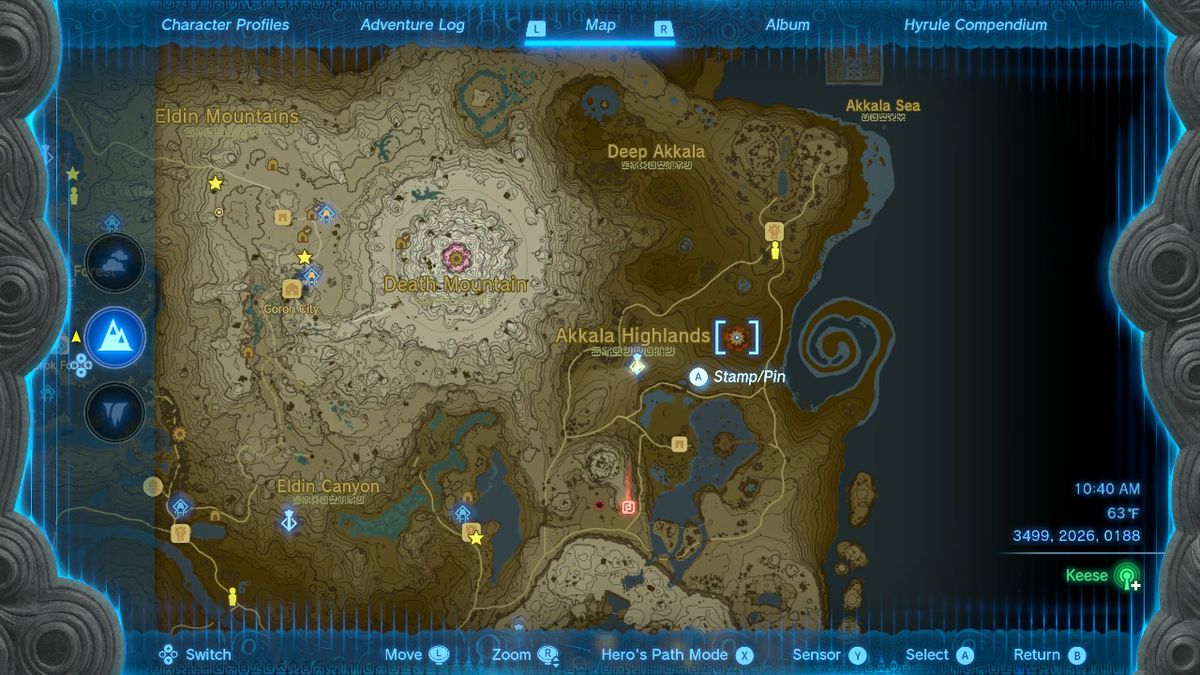 En skärmdump av kartplatsen för East Akkala Plains Chasm i Zelda: Tears of the Kingdom