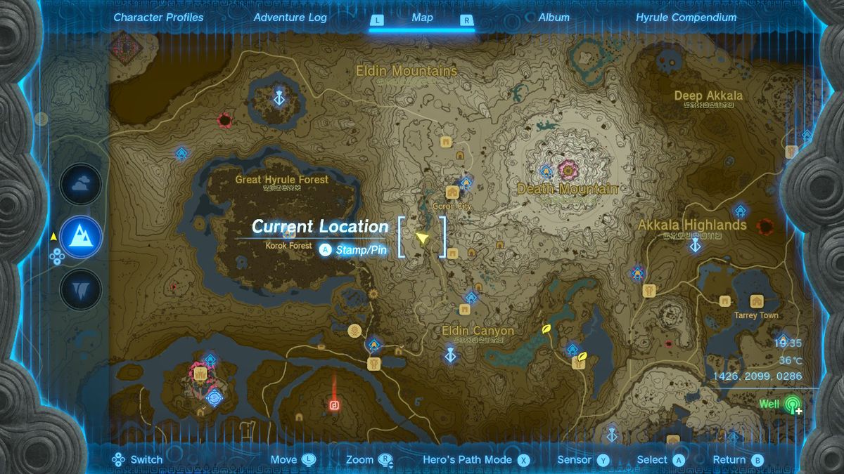 En karta visar platsen för Goronbi River Cave i Zelda Tears of the Kingdom.