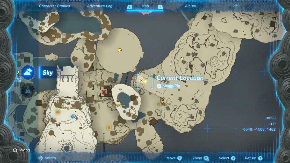 En karta visar platsen för Flux Construct i Zelda Tears of the Kingdom.