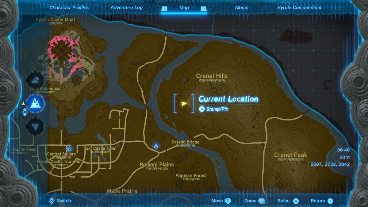 En karta visar platsen för en Stone Talus i Crenel Hill Cave i Zelda Tears of the Kingdom.