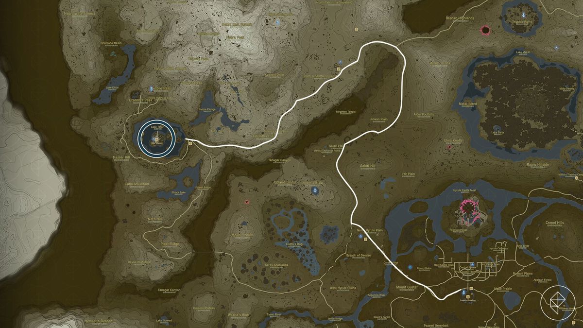 En karta som visar en rondellväg för att ta sig till Rito Village i Tears of the Kingdom, från Lookout Landing, om spelarna bara vill följa en väg.