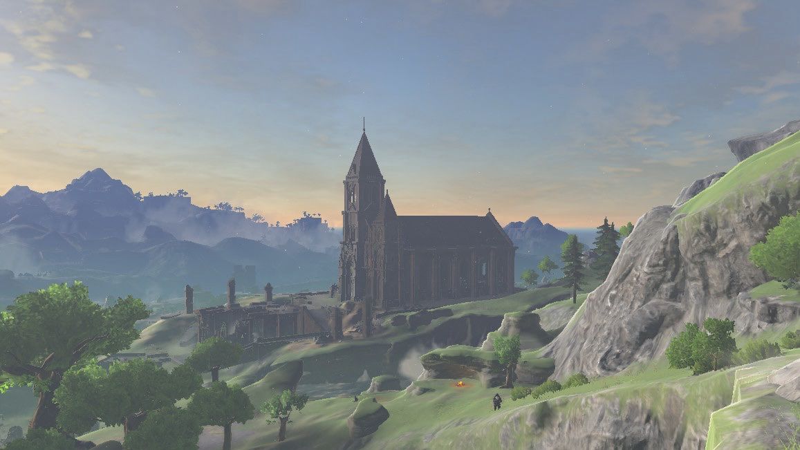 En vy av Temple of Time som står på en grön kulle på den stora platån i behaglig belysning i Zelda: Breath of the Wild