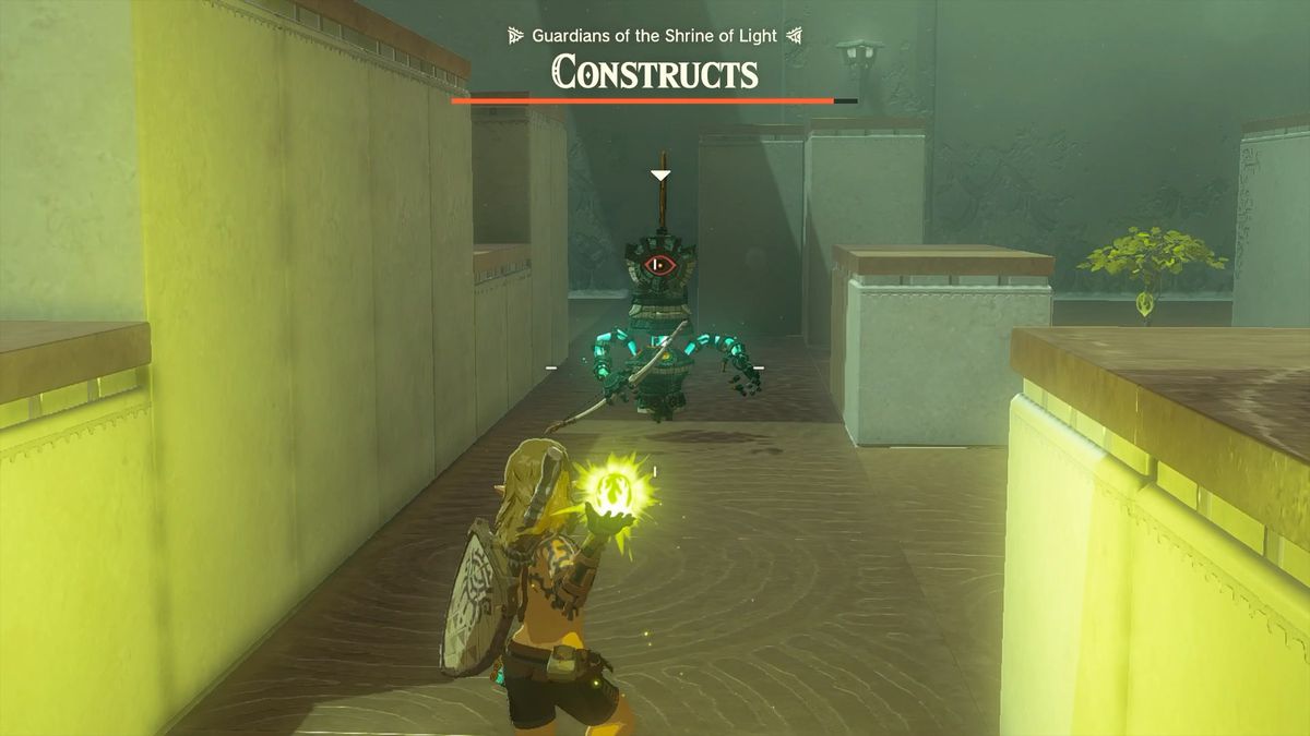 Naked Link gör sig redo att kasta en chockfrukt mot en konstruktion som håller en båge i Joku-usin Shrine i The Legend of Zelda: Tears of the Kingdom.