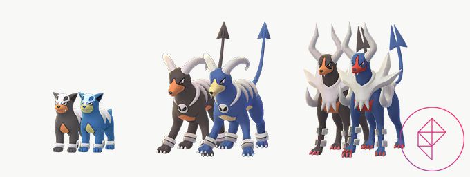Shiny Houndour, Houndoom och Mega Houndoom i Pokémon med sina vanliga former.  Alla tre blanka formerna får en blå nyans