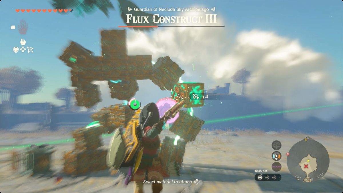 The Legend of Zelda: Tears of the Kingdom Link riktar sin båge mot det glödande blocket på en Flux Construct