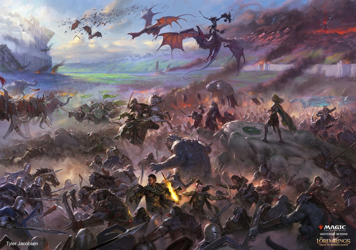 The battle of Pelennor fields as depicted for a set of cards in Magic: The Gathering
