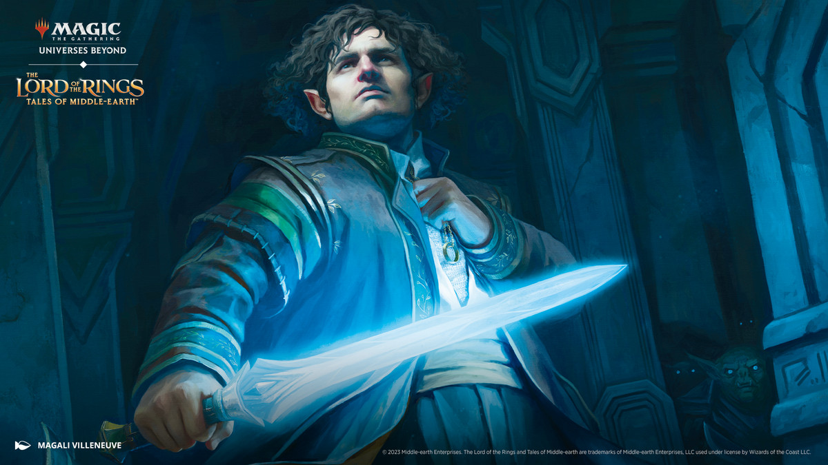 Art from Magic: The Gathering The Lord of the Rings: Tales of Middle-earth. The image shows Frodo. He’s wielding a short glowing sword and clutches the One Ring hanging from the chain on his neck.