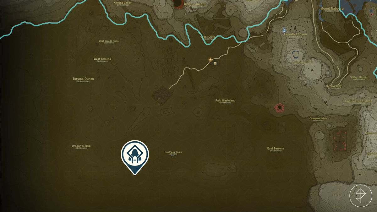 En skärmdump av kartan för Zelda: Tears of the Kingdom som visar Gerudo-öknen, med en ikon som markerar platsen för Miryotanog Shrine