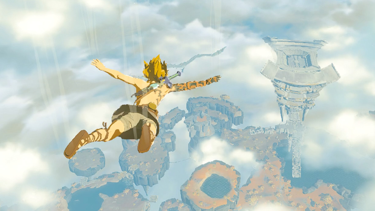 The Legend of Zelda: Tears of the Kingdom en länk utan bar överkropp som hoppar fallskärm in i Hyrule