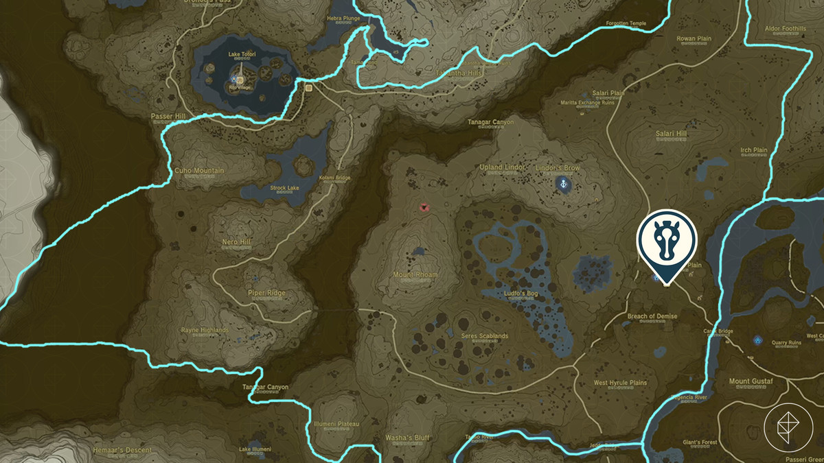En karta som visar New Serenne Stable på the Legend of Zelda: Tears of the Kingdom-karta.  Stallet ligger nära Breach of Demise, i regionen Lindor's Brow.