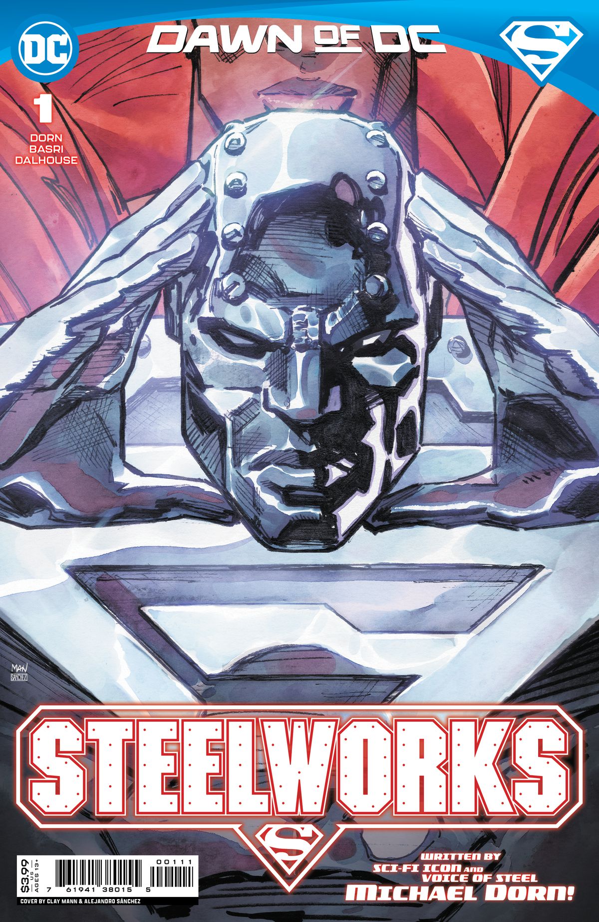 John Irons sänker den glänsande stjälfronten på sin superkostym från ansiktet på omslaget till Steelworks #1 (2023). 
