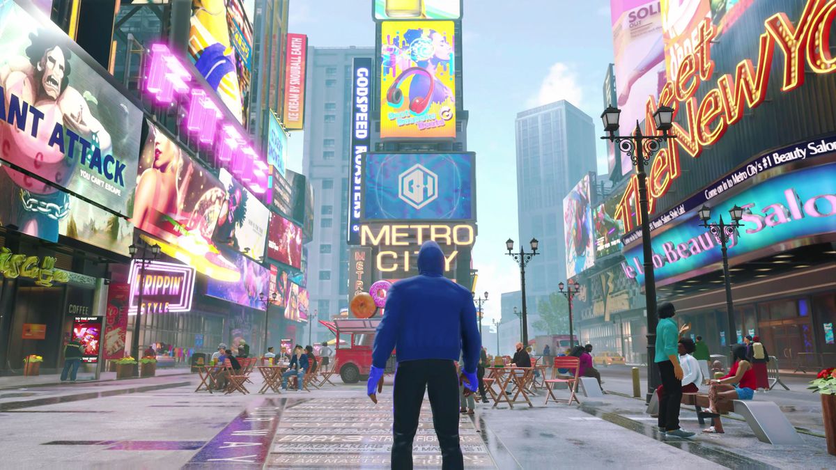 En fighter tittar ut på ett Times Square-liknande torg i Street Fighter 6:s Metro City-område i World Tour-läge