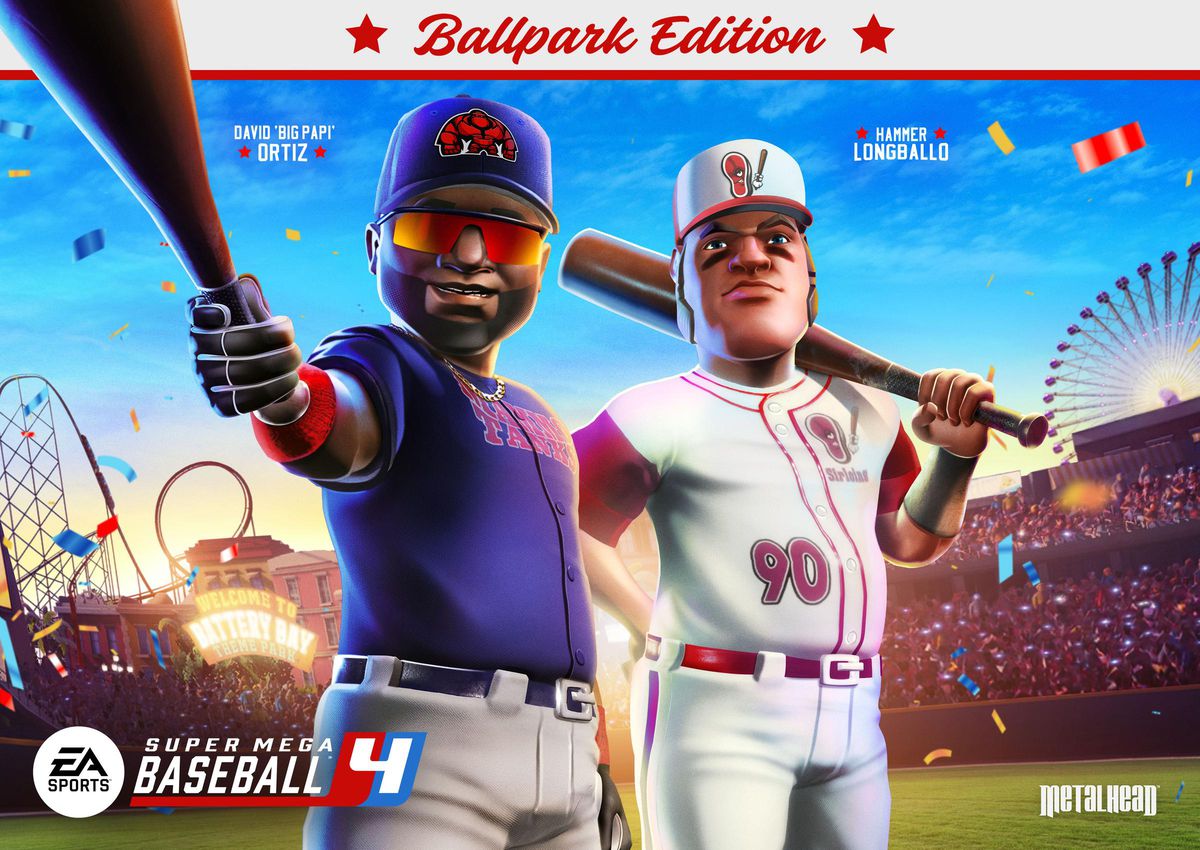 Omslaget till Super Mega Baseball 4, David Ortiz, renderat i en nästan tecknad stil, är till vänster, med solglasögon.  Den fiktiva sluggern Hammer Longballo är till höger.  En bollplank finns i bakgrunden