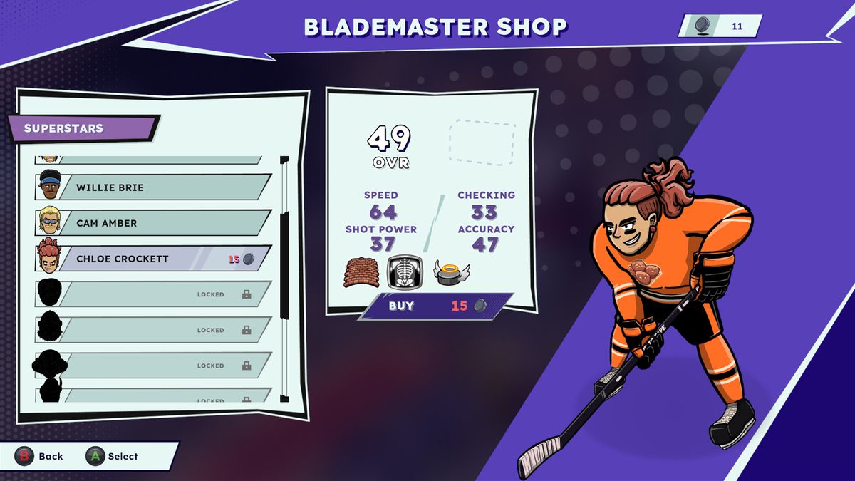 Blademaster skyltfönstret i Tape to Tape, som visar alternativen för att spendera gummi och uppgradera en spelare på spellistan.