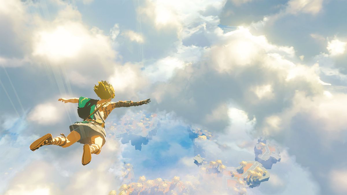 Link dives toward Hyrule in Zelda Tears of the Kingdom.