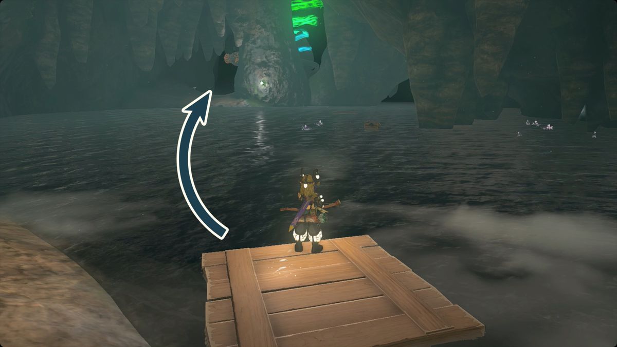 The Legend of Zelda: Tears of the Kingdom Link står på en flytande bräda inuti Elma Knolls. Väl tittar på Tenmaten Shrine över lite vatten