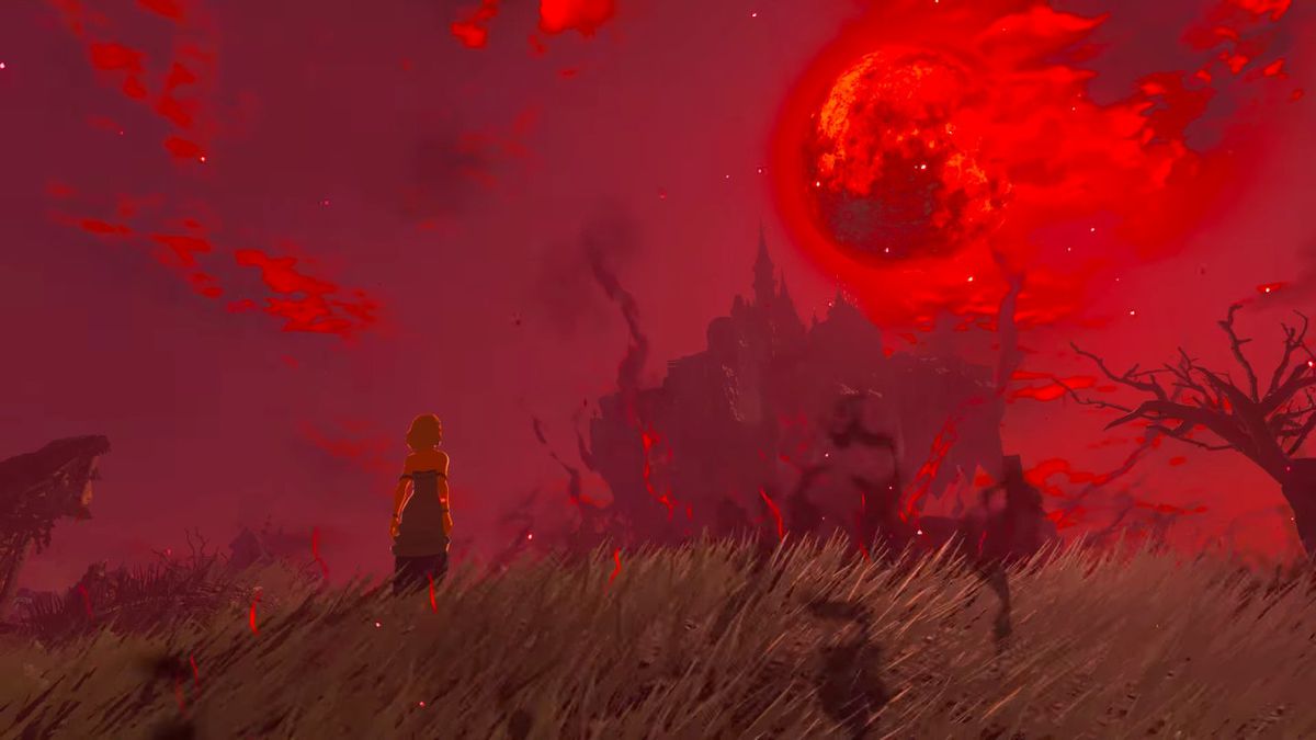 Zelda stirrar på en Blood Moon över Hyrule Castle i Zelda Tears of the Kingdom.