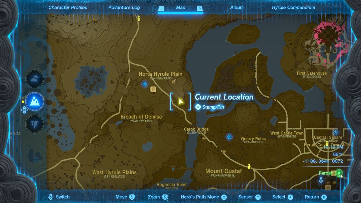 En skärmdump av kartplatsen för North Hyrule Plain Cave i Zelda: Tears of the Kingdom