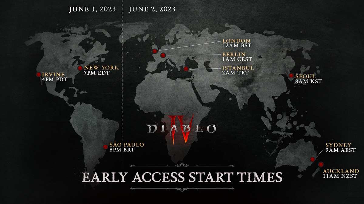 En världskarta som visar starttiderna för tidig åtkomst för Diablo 4