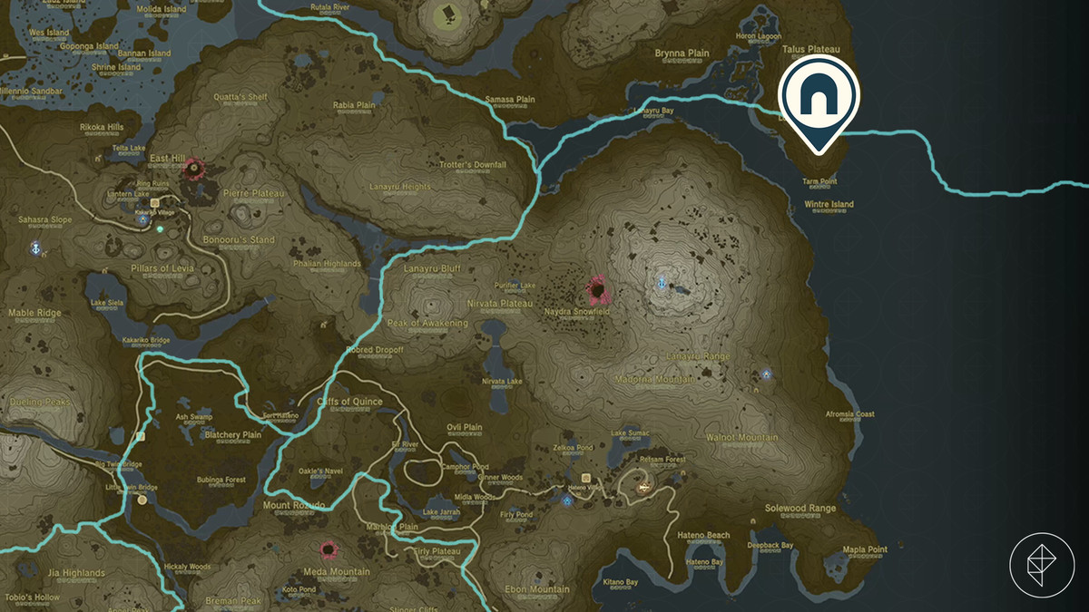 En karta visar ingången till Tarm Point Cave i Zelda: Tears of the Kingdom