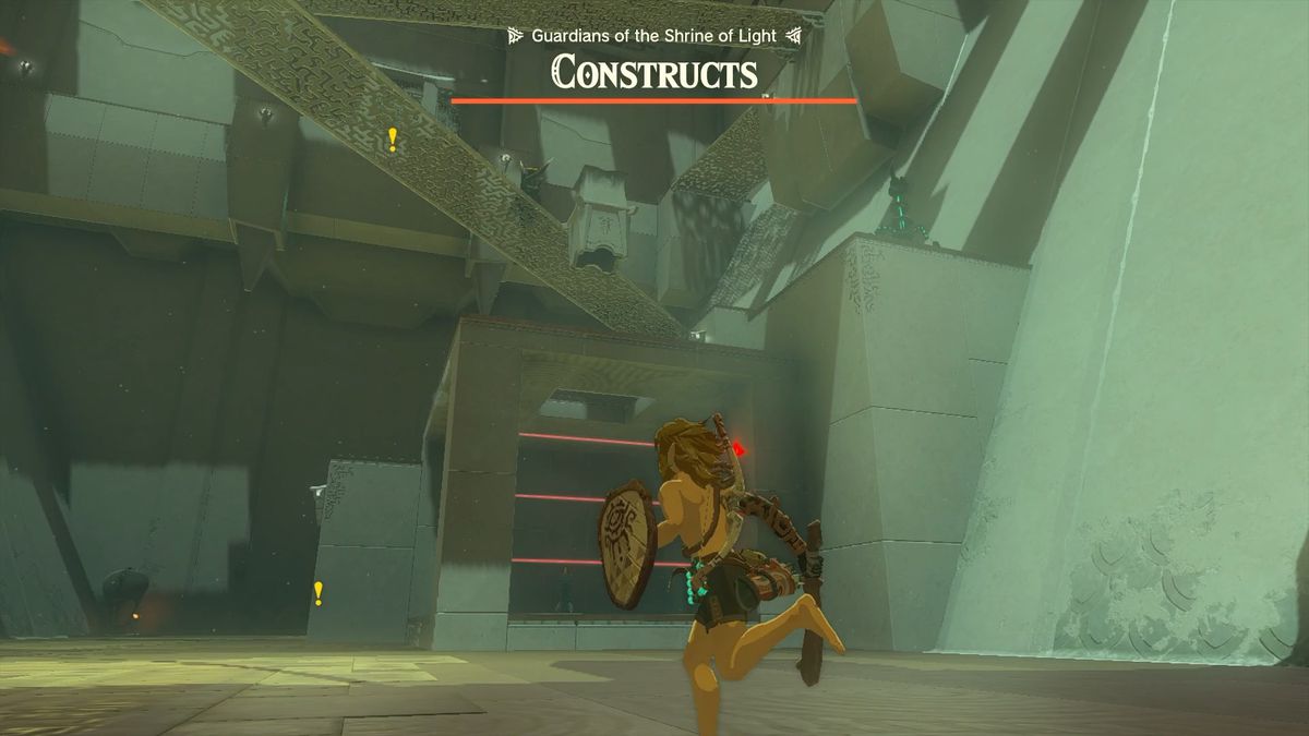Inside of the Zakusu Shrine i The Legend of Zelda: Tears of the Kingdom, där Link är naken och måste ta sig an ett gäng konstruktioner.