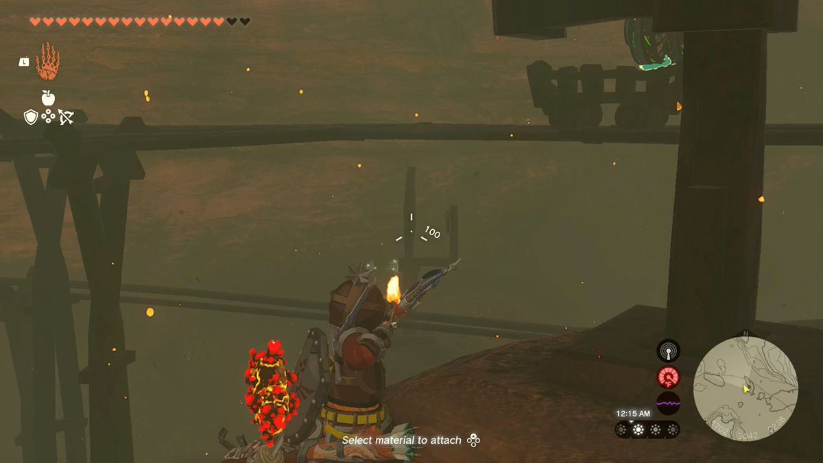 Link riktar sin pil och båge mot en rälsbyteskylt i en skärmdump från The Legend of Zelda: Tears of the Kingdom