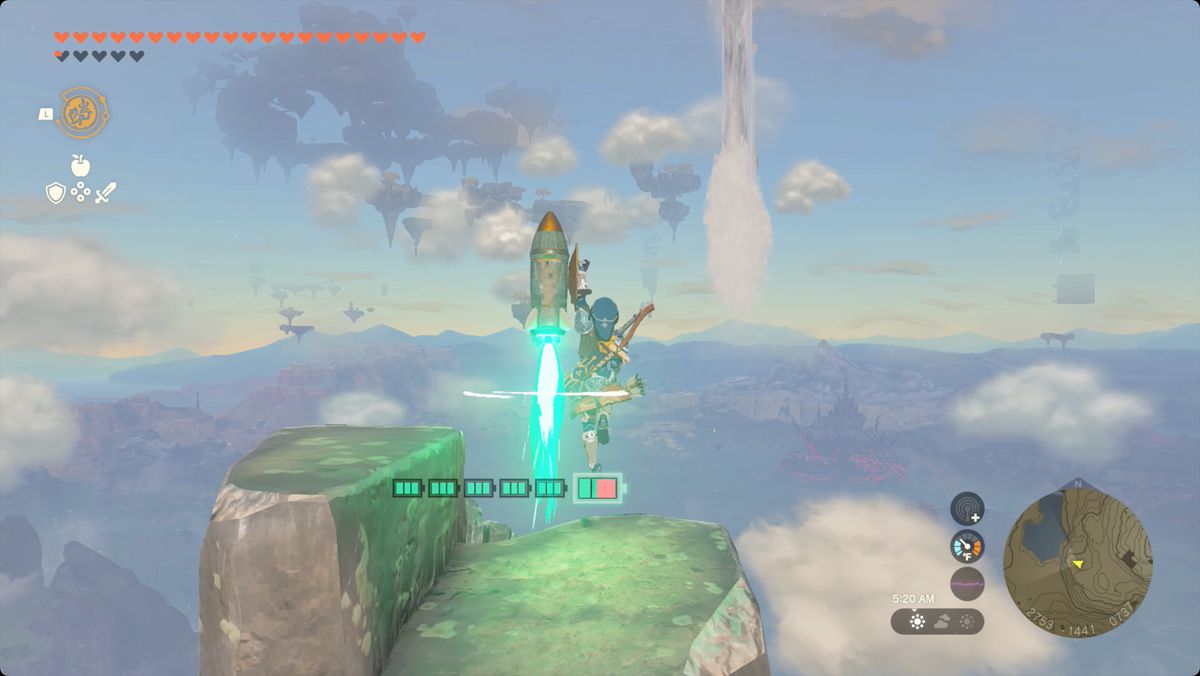 The Legend of Zelda: Tears of the Kingdom Link använder en raket smält till sin sköld för att närma sig Yansamin Shrine