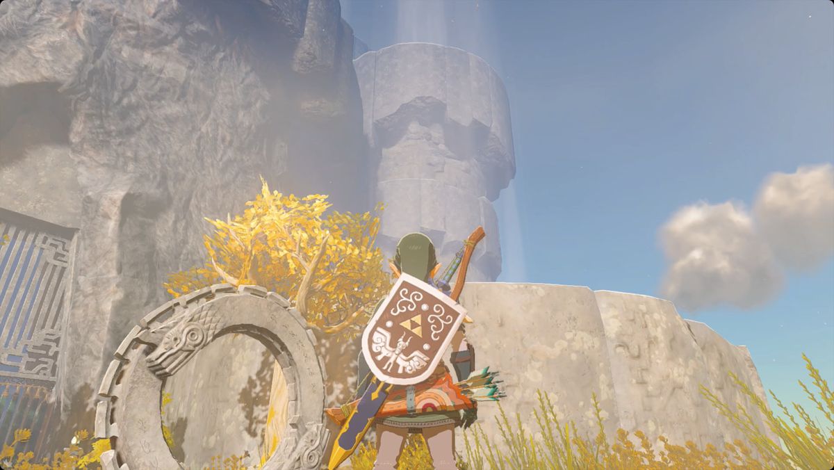 The Legend of Zelda: Tears of the Kingdom Link på Zonaite Forge Island efter att ha slagit på fläkttornen.