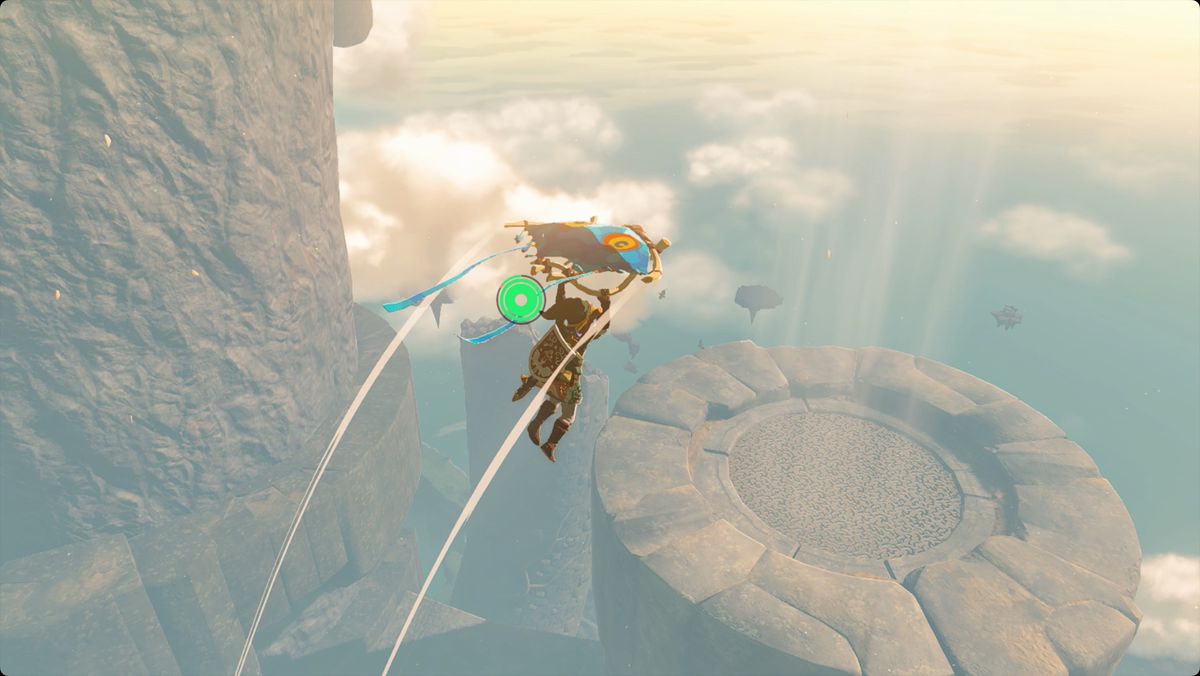 The Legend of Zelda: Tears of the Kingdom Link använder skärmflygaren för att resa mellan fläkttornen på Zonaite Forge Island