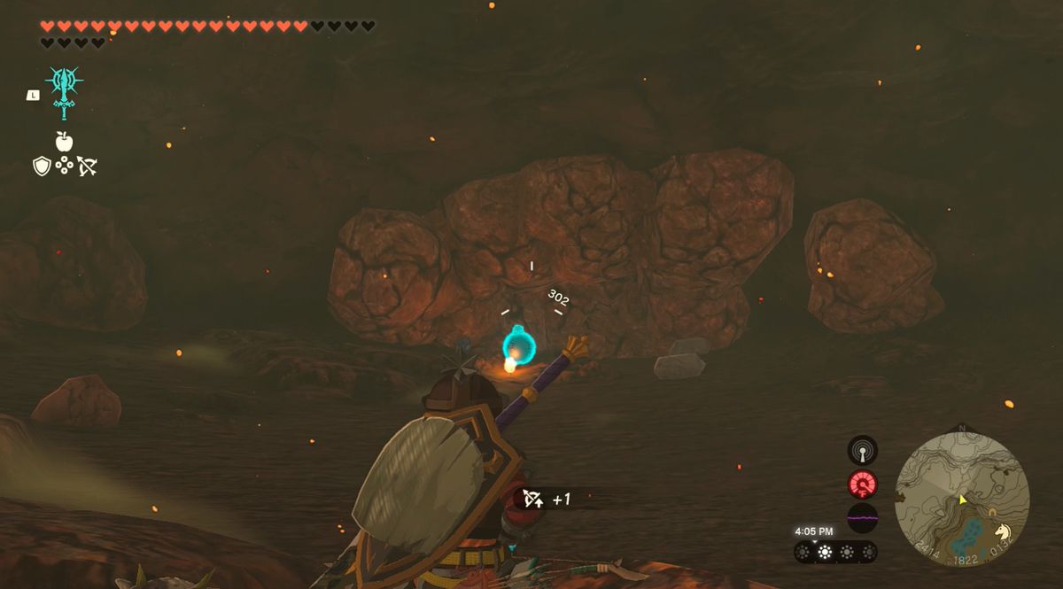 Link spränger några stenblock i Lake Intenoch Cave mot Moshapin Shrine i Zelda: Tears of the Kingdom