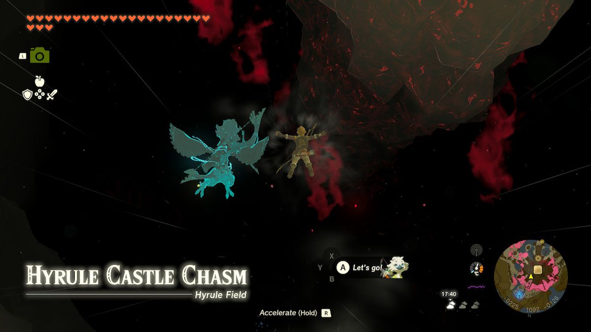 Link dyker ner i Hyrule Castle Chasm på uppdraget Destroy Ganondorf i Zelda Tears of the Kingdom.