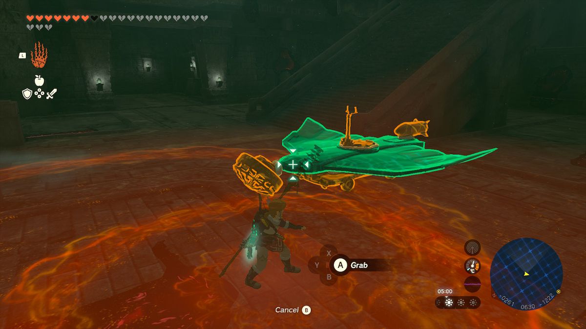 Link skapar ett Zonai-plan med Ultrahand i Hyrule Castle i Zelda Tears of the Kingdom.