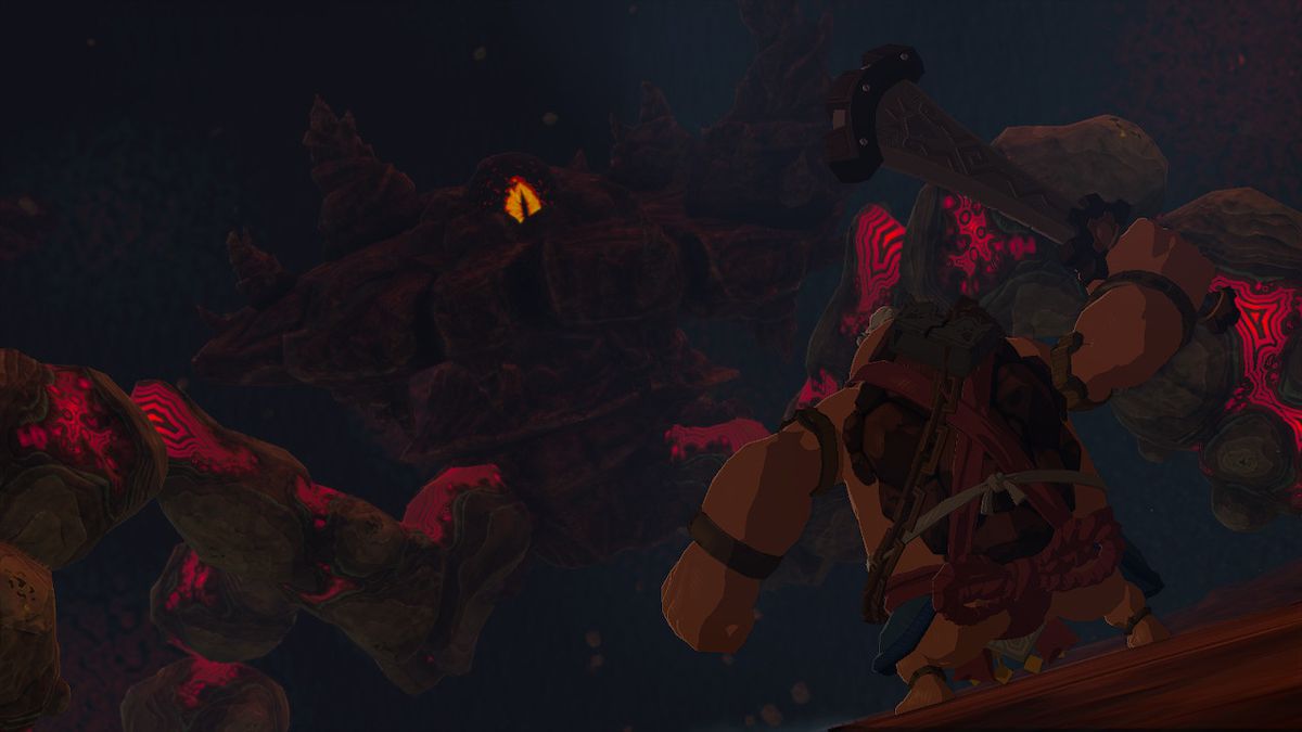 En Goron Sage slåss mot ett gigantiskt rockmonster under Destroy Ganondorf-uppdraget i Zelda Tears of the Kingdom.
