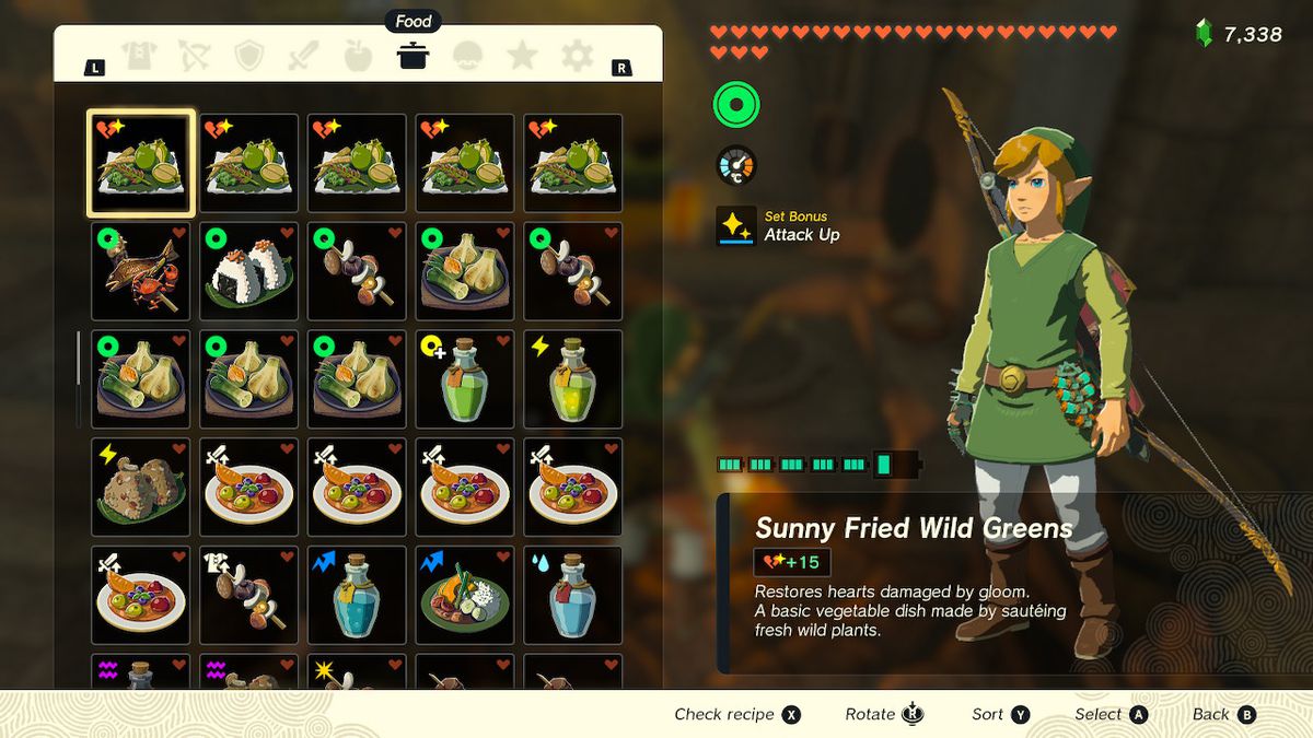 A menu shows Link standing by a ton of sunny fried wild green in Zelda Tears of the Kingdom.